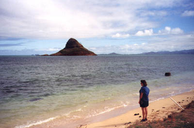 Julie ponders Chinaman's Hat and the Sea